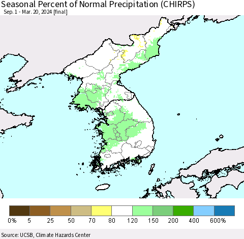 Korea Seasonal Percent of Normal Precipitation (CHIRPS) Thematic Map For 9/1/2023 - 3/20/2024