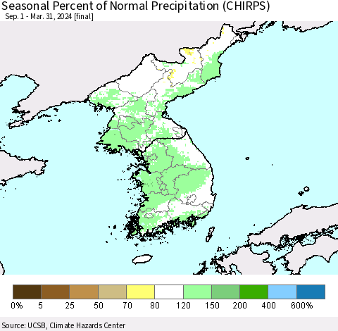 Korea Seasonal Percent of Normal Precipitation (CHIRPS) Thematic Map For 9/1/2023 - 3/31/2024