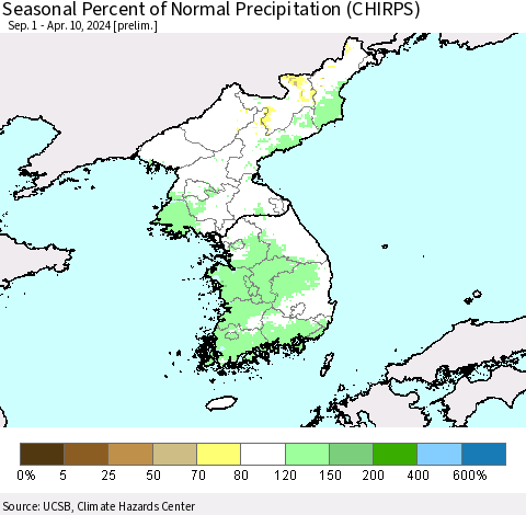 Korea Seasonal Percent of Normal Precipitation (CHIRPS) Thematic Map For 9/1/2023 - 4/10/2024
