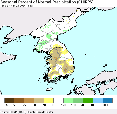 Korea Seasonal Percent of Normal Precipitation (CHIRPS) Thematic Map For 9/1/2023 - 5/25/2024