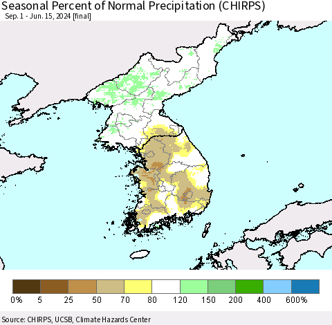 Korea Seasonal Percent of Normal Precipitation (CHIRPS) Thematic Map For 9/1/2023 - 6/15/2024