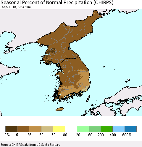 Korea Seasonal Percent of Normal Precipitation (CHIRPS) Thematic Map For 9/1/2023 - 9/10/2023