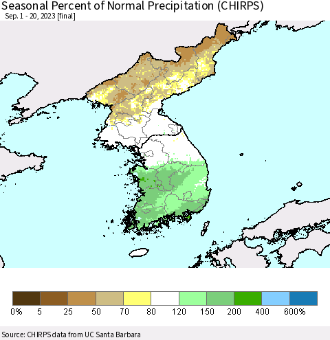 Korea Seasonal Percent of Normal Precipitation (CHIRPS) Thematic Map For 9/1/2023 - 9/20/2023