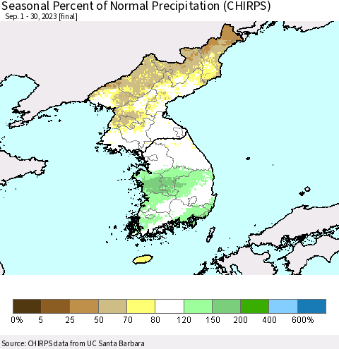 Korea Seasonal Percent of Normal Precipitation (CHIRPS) Thematic Map For 9/1/2023 - 9/30/2023
