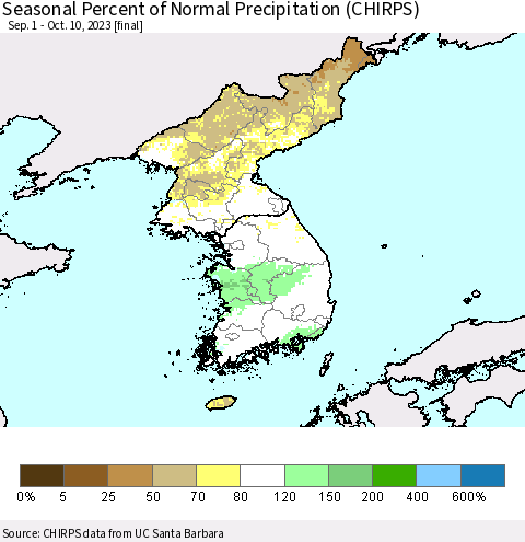 Korea Seasonal Percent of Normal Precipitation (CHIRPS) Thematic Map For 9/1/2023 - 10/10/2023
