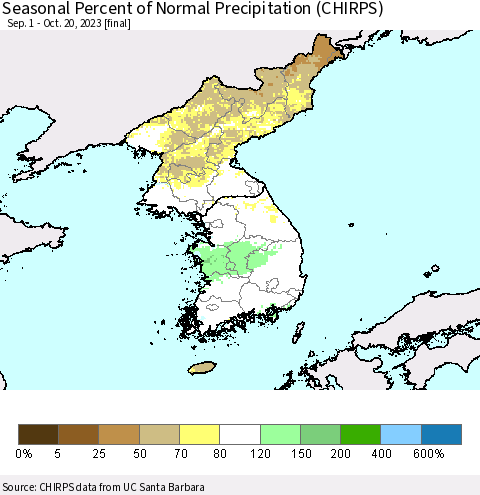 Korea Seasonal Percent of Normal Precipitation (CHIRPS) Thematic Map For 9/1/2023 - 10/20/2023