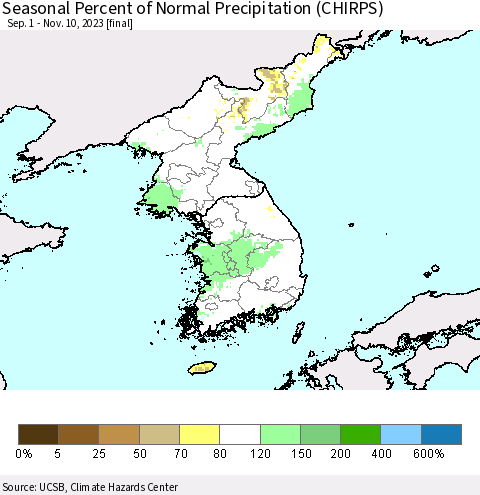 Korea Seasonal Percent of Normal Precipitation (CHIRPS) Thematic Map For 9/1/2023 - 11/10/2023