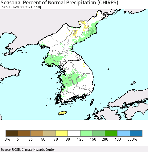 Korea Seasonal Percent of Normal Precipitation (CHIRPS) Thematic Map For 9/1/2023 - 11/20/2023