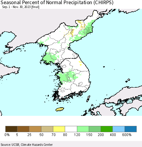 Korea Seasonal Percent of Normal Precipitation (CHIRPS) Thematic Map For 9/1/2023 - 11/30/2023