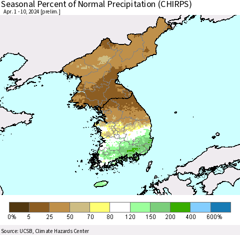 Korea Seasonal Percent of Normal Precipitation (CHIRPS) Thematic Map For 4/1/2024 - 4/10/2024