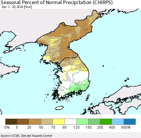 Korea Seasonal Percent of Normal Precipitation (CHIRPS) Thematic Map For 4/1/2024 - 4/20/2024