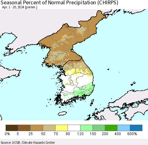 Korea Seasonal Percent of Normal Precipitation (CHIRPS) Thematic Map For 4/1/2024 - 4/20/2024