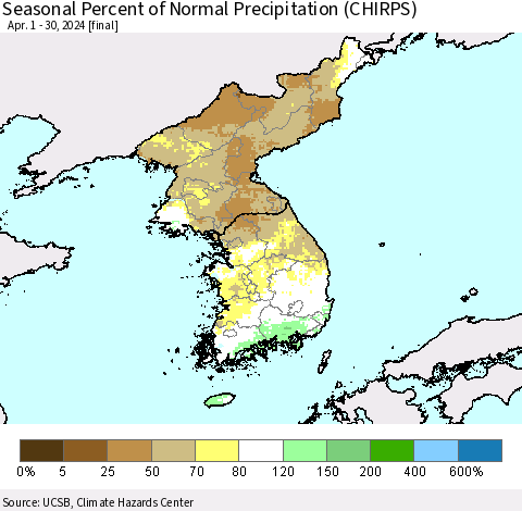 Korea Seasonal Percent of Normal Precipitation (CHIRPS) Thematic Map For 4/1/2024 - 4/30/2024