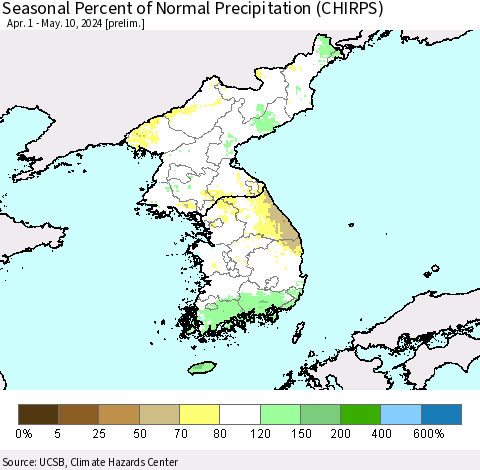 Korea Seasonal Percent of Normal Precipitation (CHIRPS) Thematic Map For 4/1/2024 - 5/10/2024