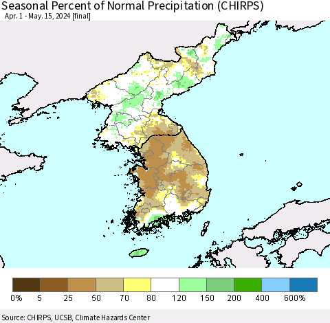Korea Seasonal Percent of Normal Precipitation (CHIRPS) Thematic Map For 4/1/2024 - 5/15/2024