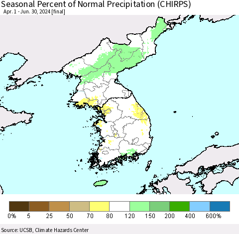 Korea Seasonal Percent of Normal Precipitation (CHIRPS) Thematic Map For 4/1/2024 - 6/30/2024