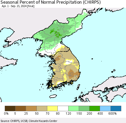 Korea Seasonal Percent of Normal Precipitation (CHIRPS) Thematic Map For 4/1/2024 - 9/15/2024