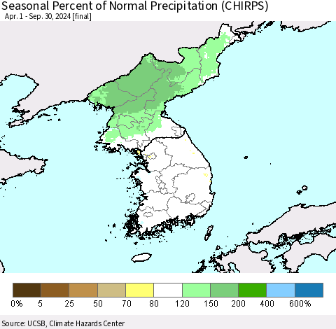 Korea Seasonal Percent of Normal Precipitation (CHIRPS) Thematic Map For 4/1/2024 - 9/30/2024