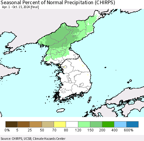Korea Seasonal Percent of Normal Precipitation (CHIRPS) Thematic Map For 4/1/2024 - 10/15/2024