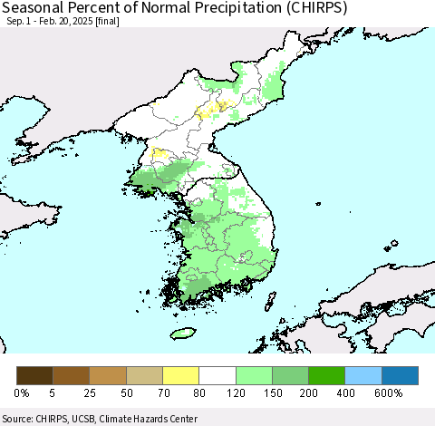 Korea Seasonal Percent of Normal Precipitation (CHIRPS) Thematic Map For 9/1/2024 - 2/20/2025
