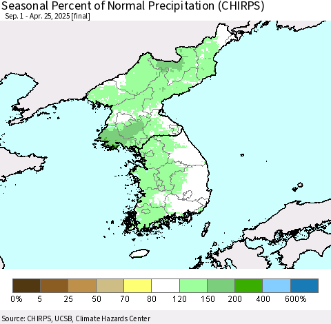 Korea Seasonal Percent of Normal Precipitation (CHIRPS) Thematic Map For 9/1/2024 - 4/25/2025