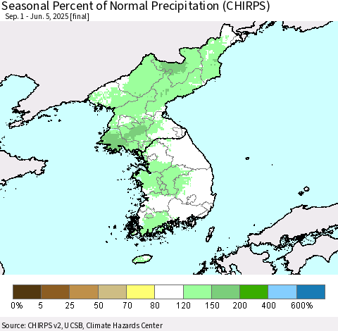 Korea Seasonal Percent of Normal Precipitation (CHIRPS) Thematic Map For 9/1/2024 - 6/5/2025