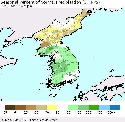 Korea Seasonal Percent of Normal Precipitation (CHIRPS) Thematic Map For 9/1/2024 - 10/15/2024