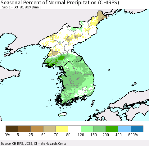 Korea Seasonal Percent of Normal Precipitation (CHIRPS) Thematic Map For 9/1/2024 - 10/20/2024