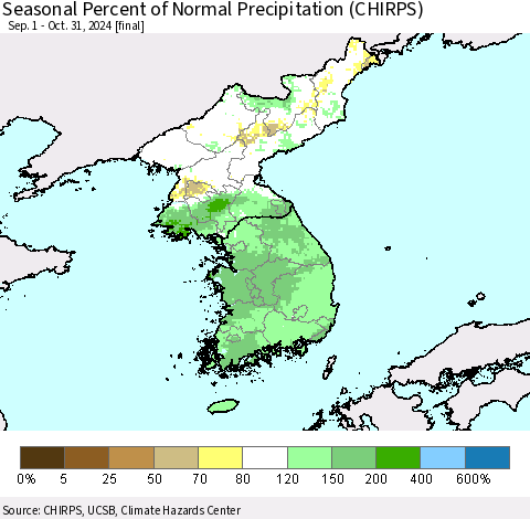 Korea Seasonal Percent of Normal Precipitation (CHIRPS) Thematic Map For 9/1/2024 - 10/31/2024