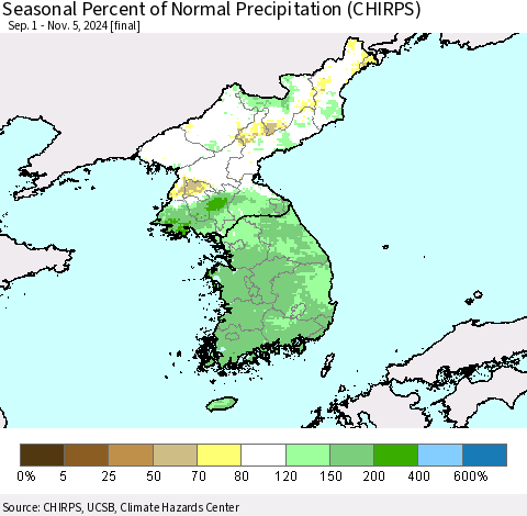 Korea Seasonal Percent of Normal Precipitation (CHIRPS) Thematic Map For 9/1/2024 - 11/5/2024