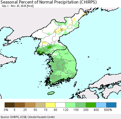 Korea Seasonal Percent of Normal Precipitation (CHIRPS) Thematic Map For 9/1/2024 - 11/20/2024