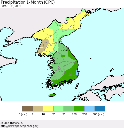 Korea Precipitation 1-Month (CPC) Thematic Map For 10/1/2019 - 10/31/2019