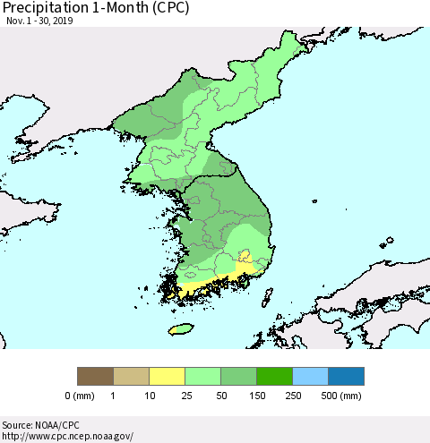 Korea Precipitation 1-Month (CPC) Thematic Map For 11/1/2019 - 11/30/2019