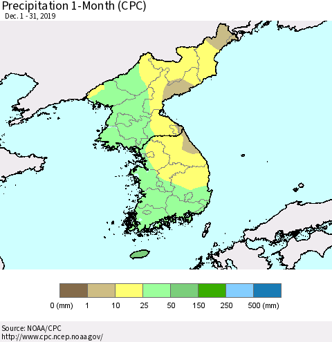 Korea Precipitation 1-Month (CPC) Thematic Map For 12/1/2019 - 12/31/2019