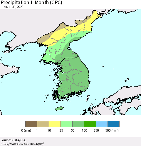Korea Precipitation 1-Month (CPC) Thematic Map For 1/1/2020 - 1/31/2020