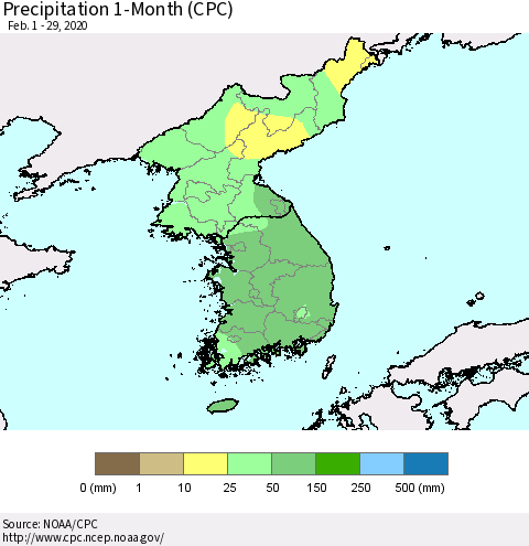 Korea Precipitation 1-Month (CPC) Thematic Map For 2/1/2020 - 2/29/2020