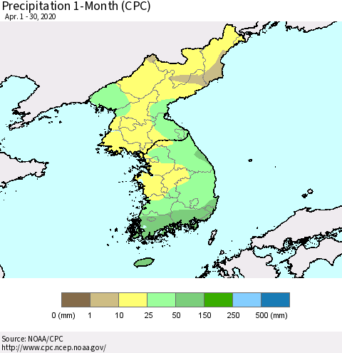 Korea Precipitation 1-Month (CPC) Thematic Map For 4/1/2020 - 4/30/2020