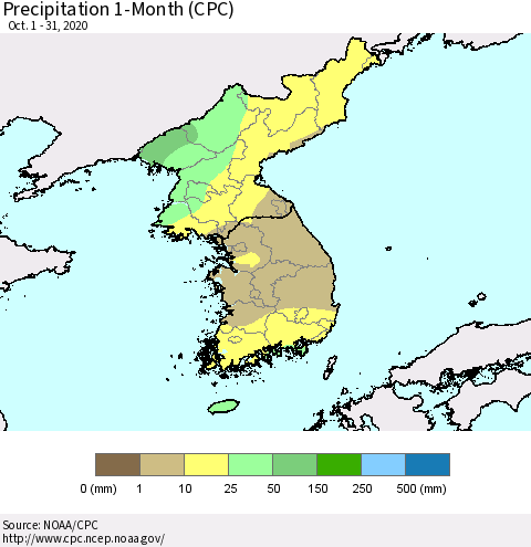 Korea Precipitation 1-Month (CPC) Thematic Map For 10/1/2020 - 10/31/2020