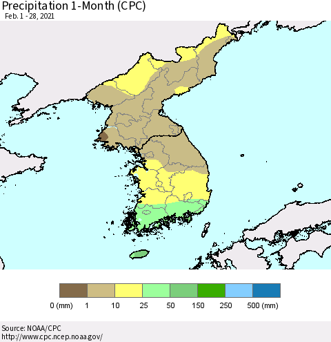 Korea Precipitation 1-Month (CPC) Thematic Map For 2/1/2021 - 2/28/2021