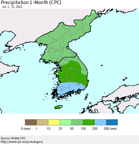 Korea Precipitation 1-Month (CPC) Thematic Map For 7/1/2021 - 7/31/2021