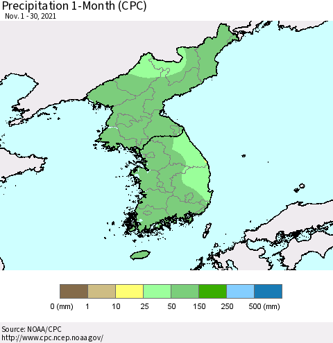 Korea Precipitation 1-Month (CPC) Thematic Map For 11/1/2021 - 11/30/2021