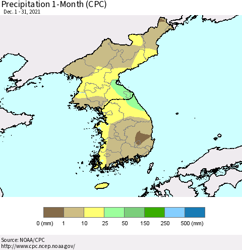 Korea Precipitation 1-Month (CPC) Thematic Map For 12/1/2021 - 12/31/2021