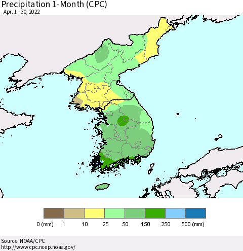 Korea Precipitation 1-Month (CPC) Thematic Map For 4/1/2022 - 4/30/2022
