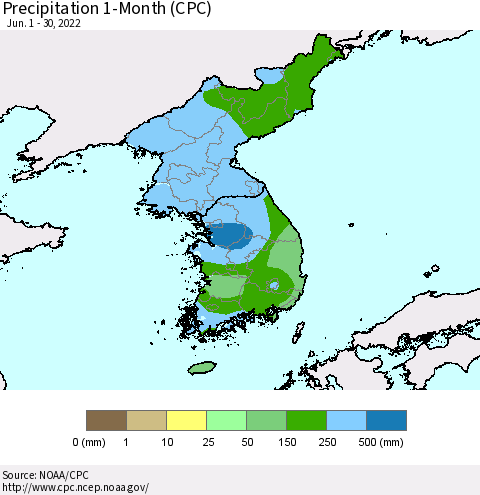 Korea Precipitation 1-Month (CPC) Thematic Map For 6/1/2022 - 6/30/2022