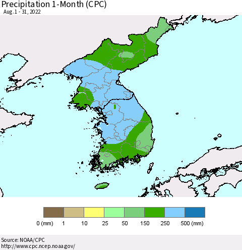 Korea Precipitation 1-Month (CPC) Thematic Map For 8/1/2022 - 8/31/2022