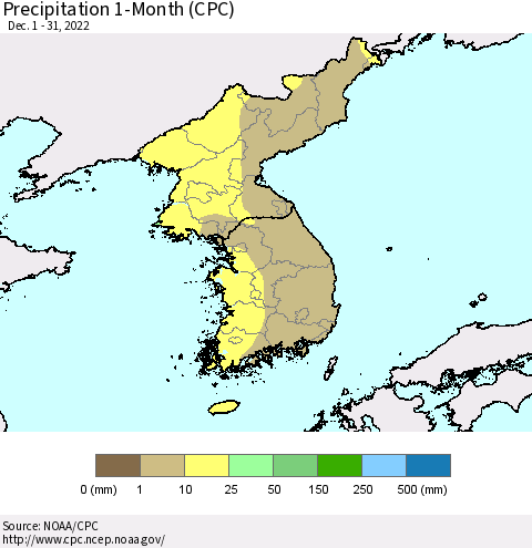 Korea Precipitation 1-Month (CPC) Thematic Map For 12/1/2022 - 12/31/2022