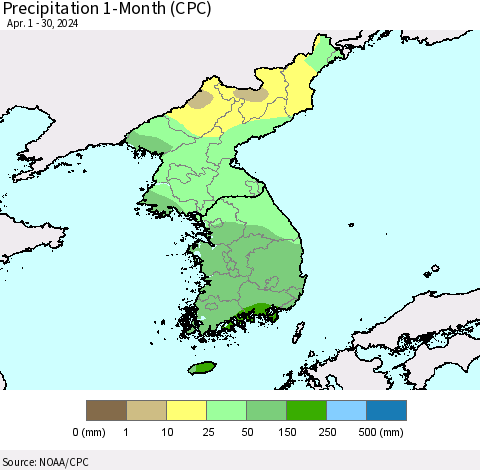 Korea Precipitation 1-Month (CPC) Thematic Map For 4/1/2024 - 4/30/2024