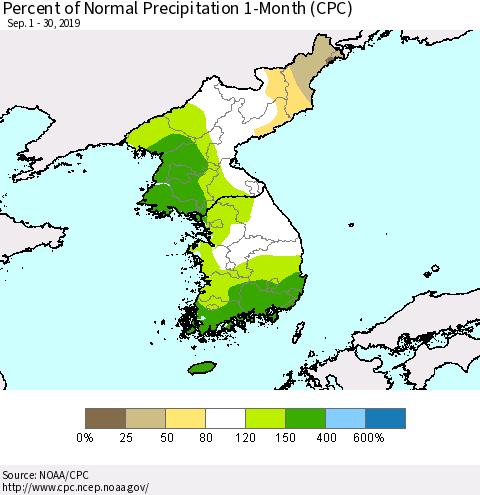 Korea Percent of Normal Precipitation 1-Month (CPC) Thematic Map For 9/1/2019 - 9/30/2019