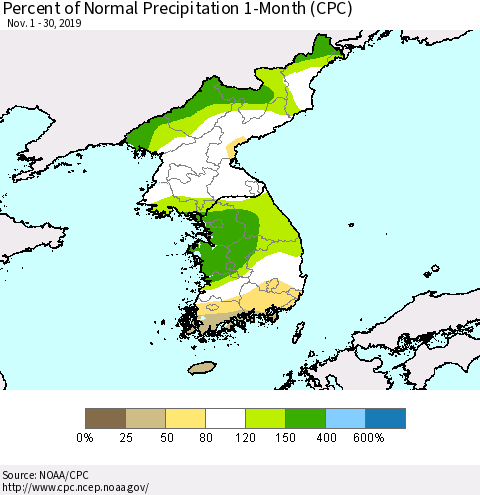 Korea Percent of Normal Precipitation 1-Month (CPC) Thematic Map For 11/1/2019 - 11/30/2019