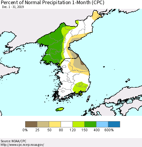 Korea Percent of Normal Precipitation 1-Month (CPC) Thematic Map For 12/1/2019 - 12/31/2019